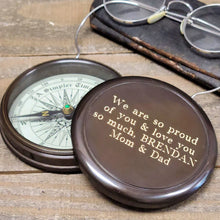  Open brass compass with four lines of personalized engraving