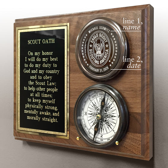 Eagle Scout Personalized Compass On Wood Plaque with Engraving Instructions