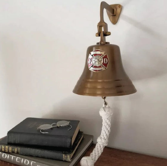 7 Inch Diameter Engravable Antiqued Brass Wall Bell With Fire Medallion