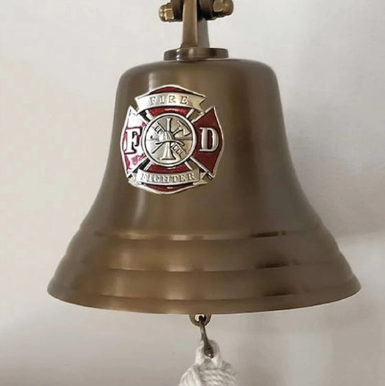 7 Inch Diameter Engravable Antiqued Brass Wall Bell With Fire Medallion