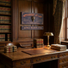A warm, classic study interior with dark wood paneling, a large wooden desk, antique leather-bound books, a brass desk lamp, and two decorative hanging signs reading 'ATTORNEY AT LAW' and 'JAMES MASON, ESQ.'.