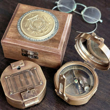  Engraved Coast Guard medallion box shown with solid brass military compass in the open and closed position