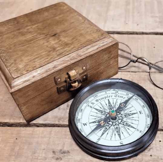 Bottom part of brass working compass with wood display box