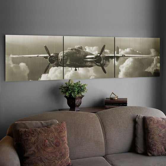 B-25 Bomber Fly By Wood Triptych