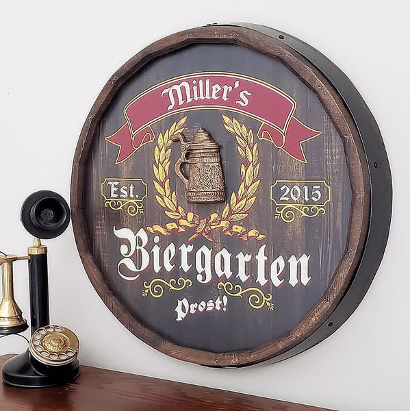 Biergarten Personalized Barrel End Bar Sign – A Simpler Time