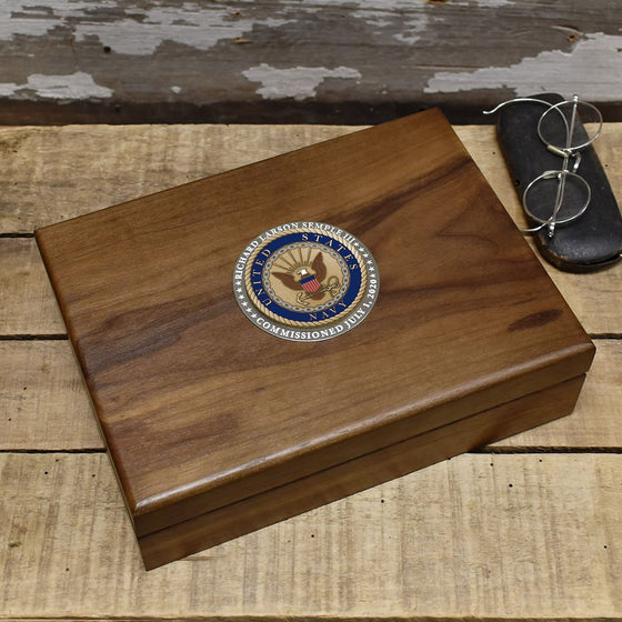 Personalized  Walnut Keepsake Box  with Colored Navy Medallion